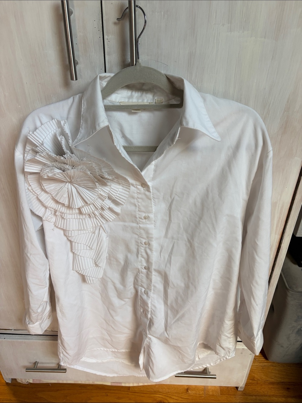 Classic White  Dress Shirt with floral Pleated Applique